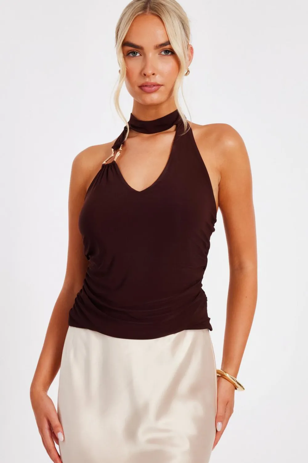 Quiz Going Out Tops|Crop Tops>Brown Buckle Halter Neck Top