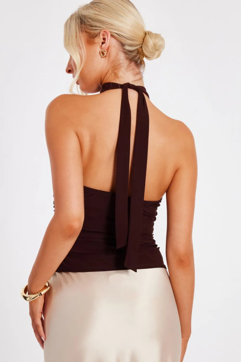 Quiz Going Out Tops|Crop Tops>Brown Buckle Halter Neck Top