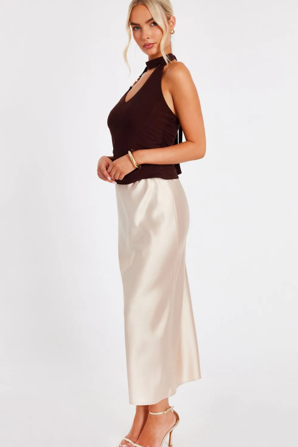 Quiz Going Out Tops|Crop Tops>Brown Buckle Halter Neck Top