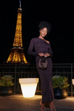 Quiz Maxi Dresses|Going Out Dresses>Brown Diamante Asymmetrical Dress