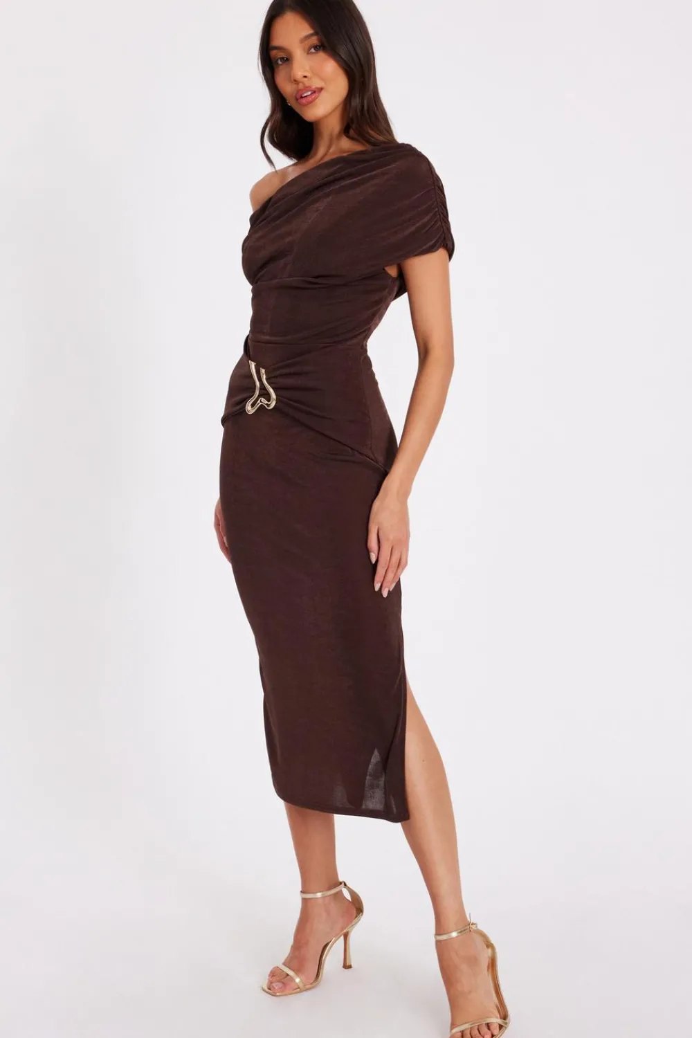 Quiz Day At The Races|Christening Guest>Brown Drop Sleeve Buckle Midaxi Dress
