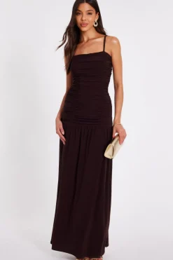 Quiz Evening Dresses|Day At The Races>Brown Drop Waist Maxi Dress