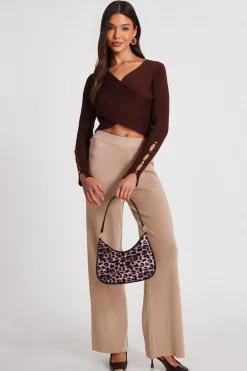 Quiz Knitwear|Jumpers>Brown Knit Crossover Cropped Jumper