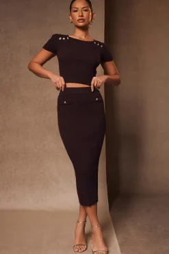 Quiz Going Out Tops|Crop Tops>Brown Knitted Button Detail Top