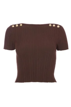 Quiz Going Out Tops|Crop Tops>Brown Knitted Button Detail Top