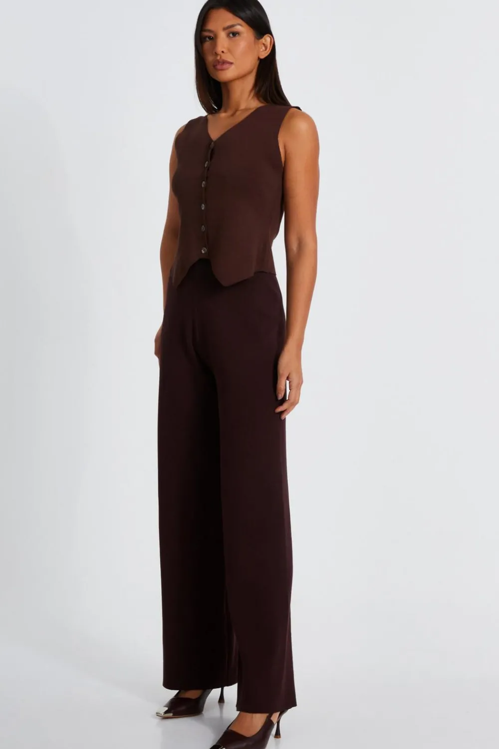 Quiz Waistcoat|Tops>Brown Knitted Waistcoat