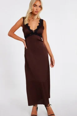 Quiz Evening Dresses|Day At The Races>Brown Lace Trim Midaxi Dress