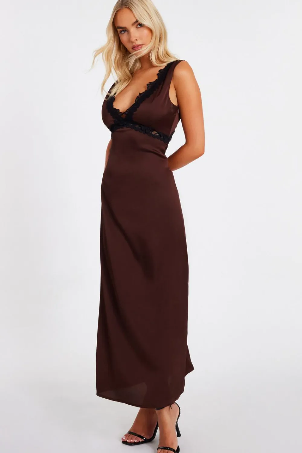 Quiz Evening Dresses|Day At The Races>Brown Lace Trim Midaxi Dress