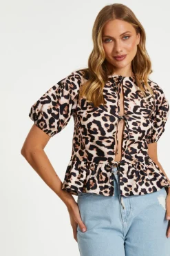 Quiz Summer Tops|Going Out Tops>Brown Leopard Print Tie Top