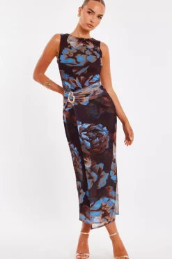 Quiz Going Out|Florals>Brown Mesh Floral Midaxi Dress