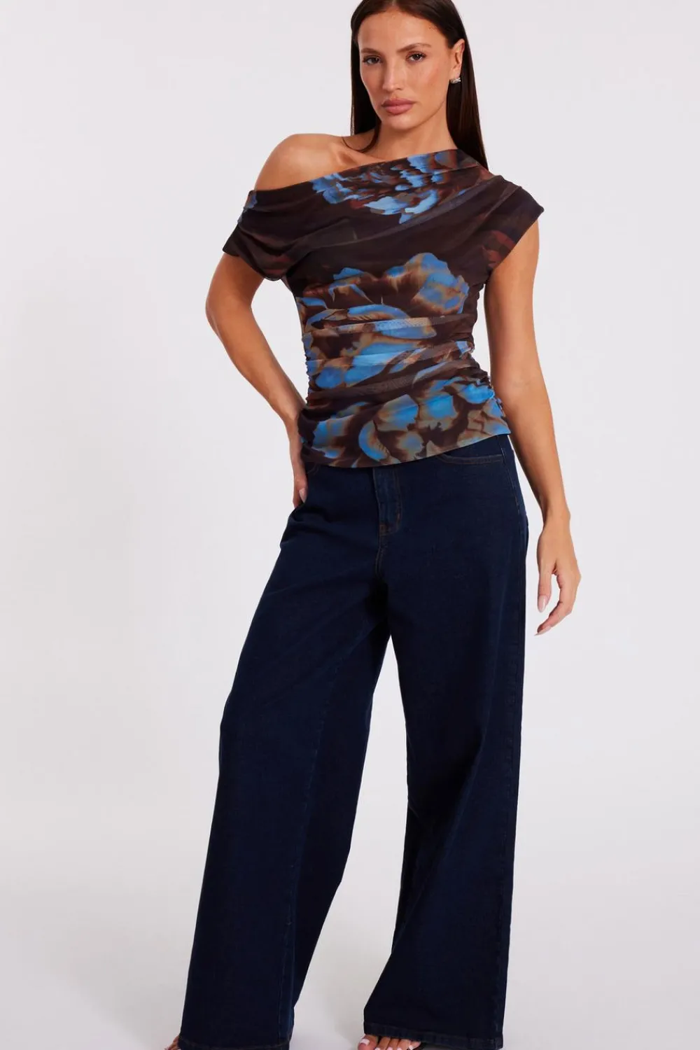 Quiz Going Out Tops|Day Tops>Brown Mesh Floral Top