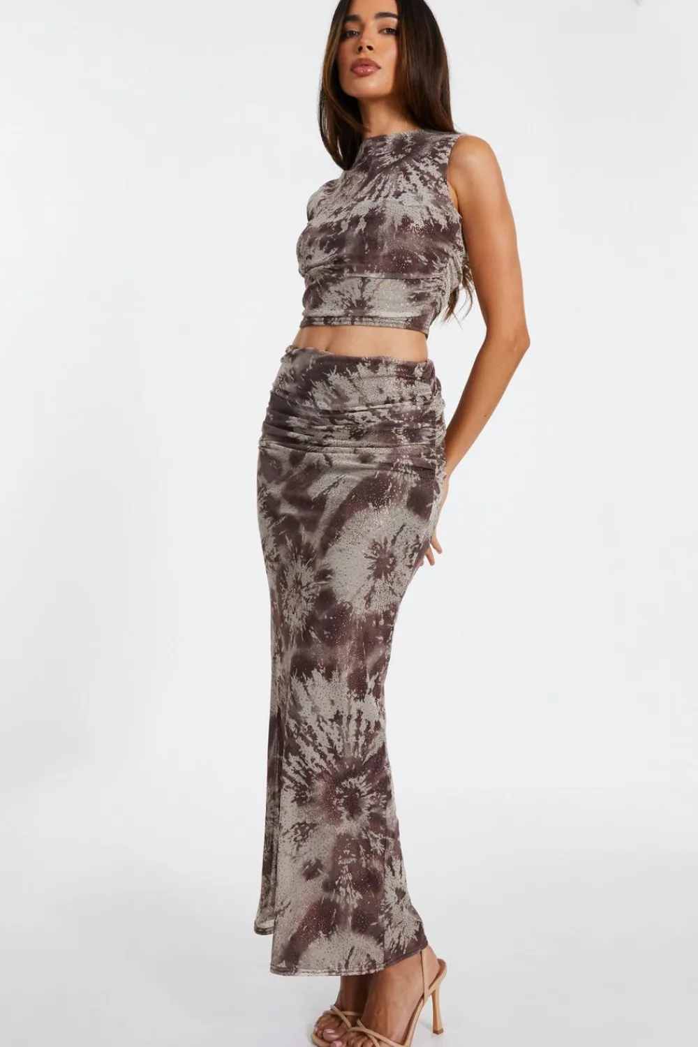 Quiz Going Out>Brown Mesh Marble Print Midaxi Skirt