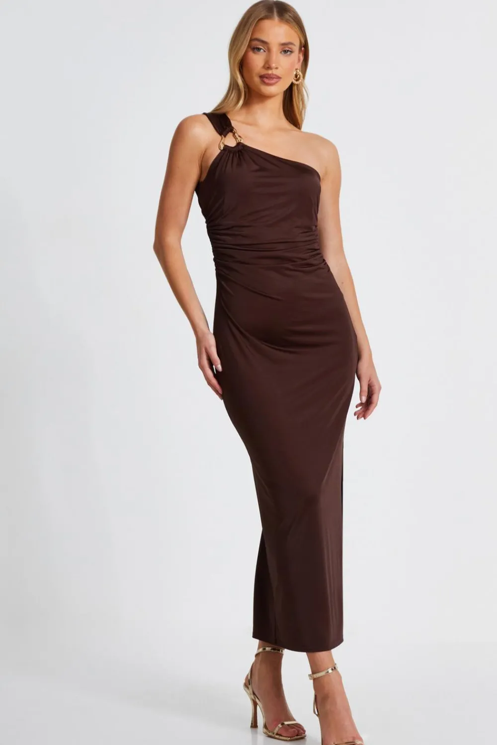 Quiz Going Out|Midi Dresses>Brown One Shoulder Midaxi Dress
