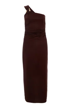 Quiz Going Out|Midi Dresses>Brown One Shoulder Midaxi Dress