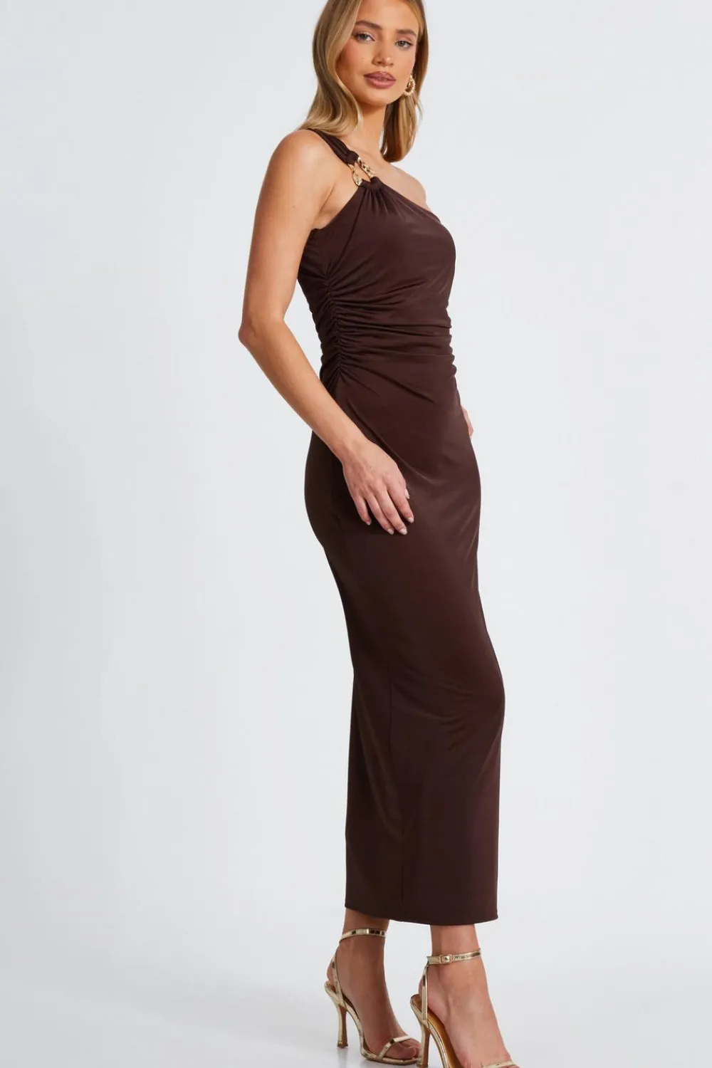 Quiz Going Out|Midi Dresses>Brown One Shoulder Midaxi Dress