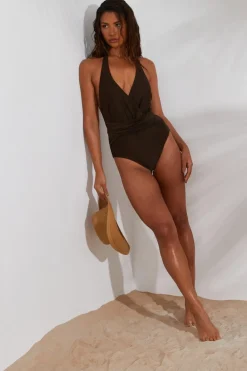 Quiz Holiday Accessories|Holiday>Brown Plunge Wrap Swimsuit