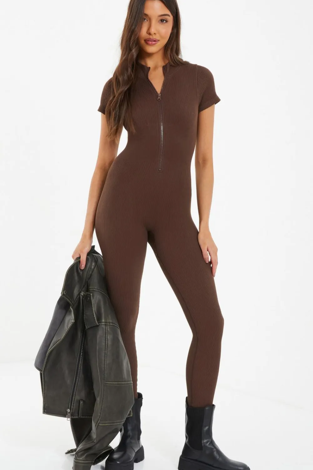 Quiz Jumpsuits|Casual Clothing>Brown Seamless Zip Jumpsuit