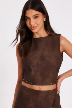 Quiz Going Out Tops|Crop Tops>Brown Studded Faux Leather Top