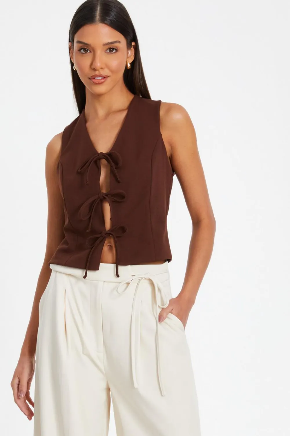 Quiz Waistcoat|Tops>Brown Tie Up Sleeveless Waistcoat