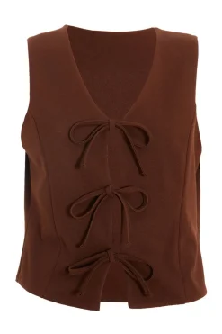 Quiz Waistcoat|Tops>Brown Tie Up Sleeveless Waistcoat