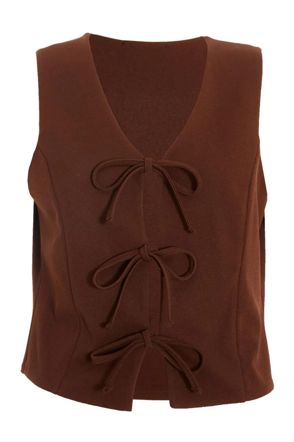 Quiz Waistcoat|Tops>Brown Tie Up Sleeveless Waistcoat