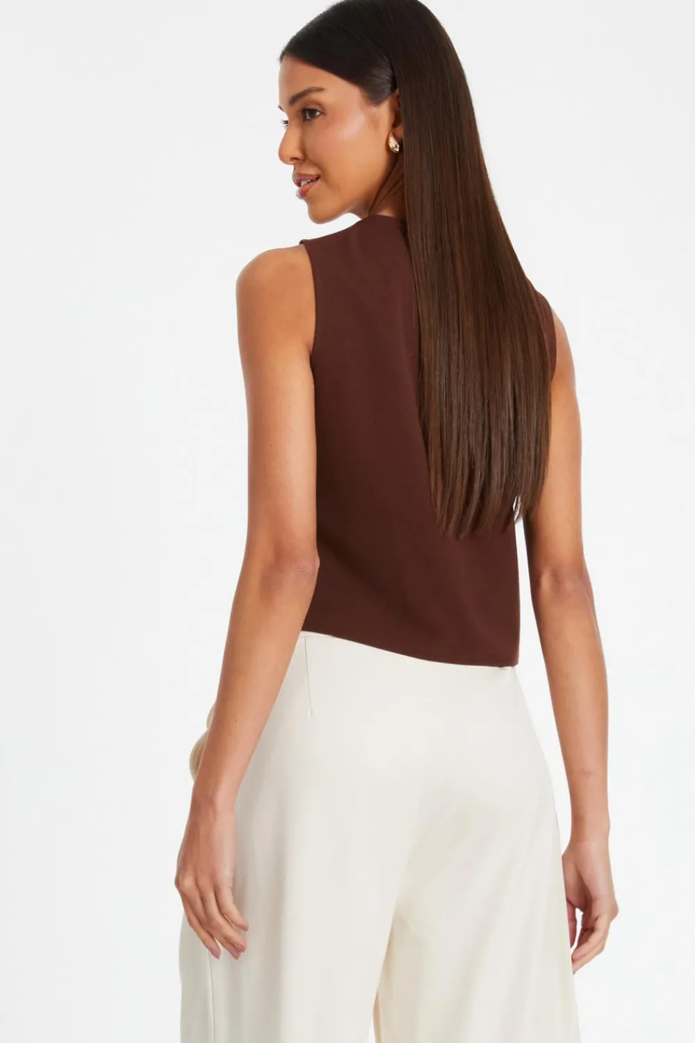 Quiz Waistcoat|Tops>Brown Tie Up Sleeveless Waistcoat