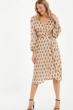Quiz Workwear|Wrap Dresses>Camel Geometric Print Wrap Midi Dress