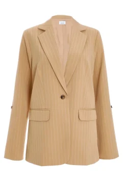Quiz Workwear|Jackets & Coats>Camel Pinstripe Ruched Sleeve Blazer