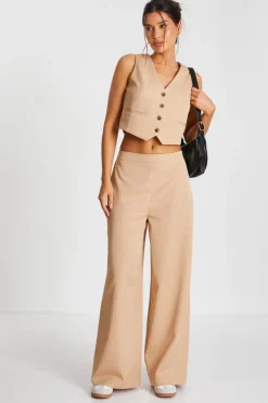 Quiz Waistcoat|Day Tops>Camel Pinstripe Waistcoat