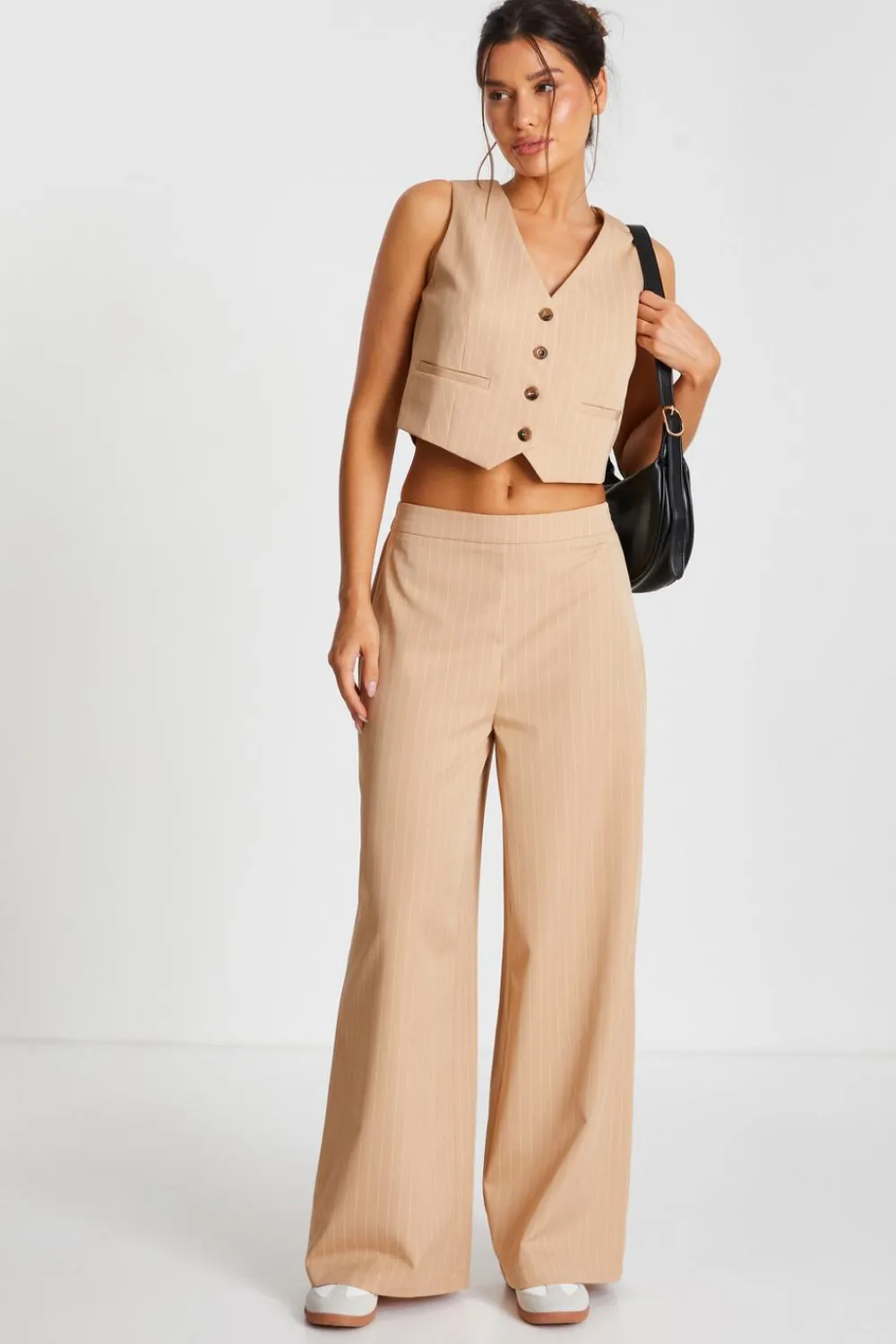 Quiz Waistcoat|Day Tops>Camel Pinstripe Waistcoat