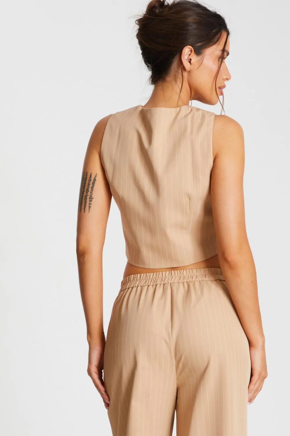 Quiz Waistcoat|Day Tops>Camel Pinstripe Waistcoat