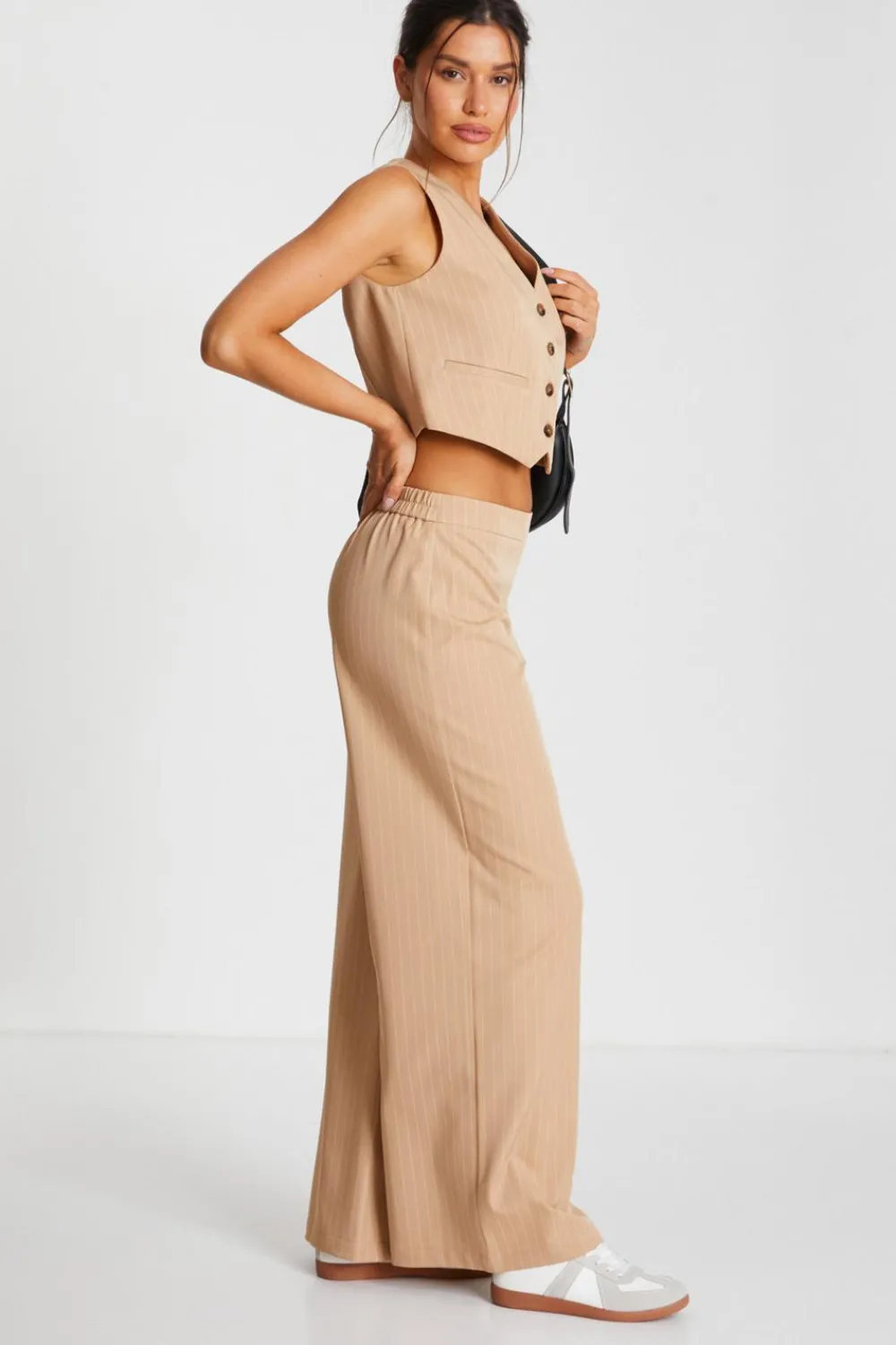 Quiz Waistcoat|Day Tops>Camel Pinstripe Waistcoat