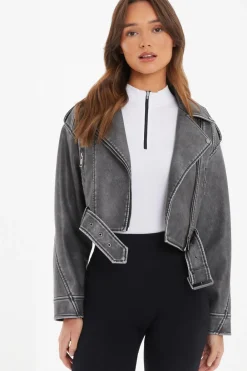 Quiz Modest|Jackets & Coats>Charcoal Faux Leather Oversized Biker Jacket