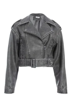 Quiz Modest|Jackets & Coats>Charcoal Faux Leather Oversized Biker Jacket