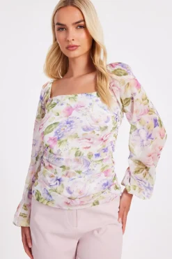 Quiz Summer Tops|Going Out Tops>Chiffon Floral Long Sleeve Top