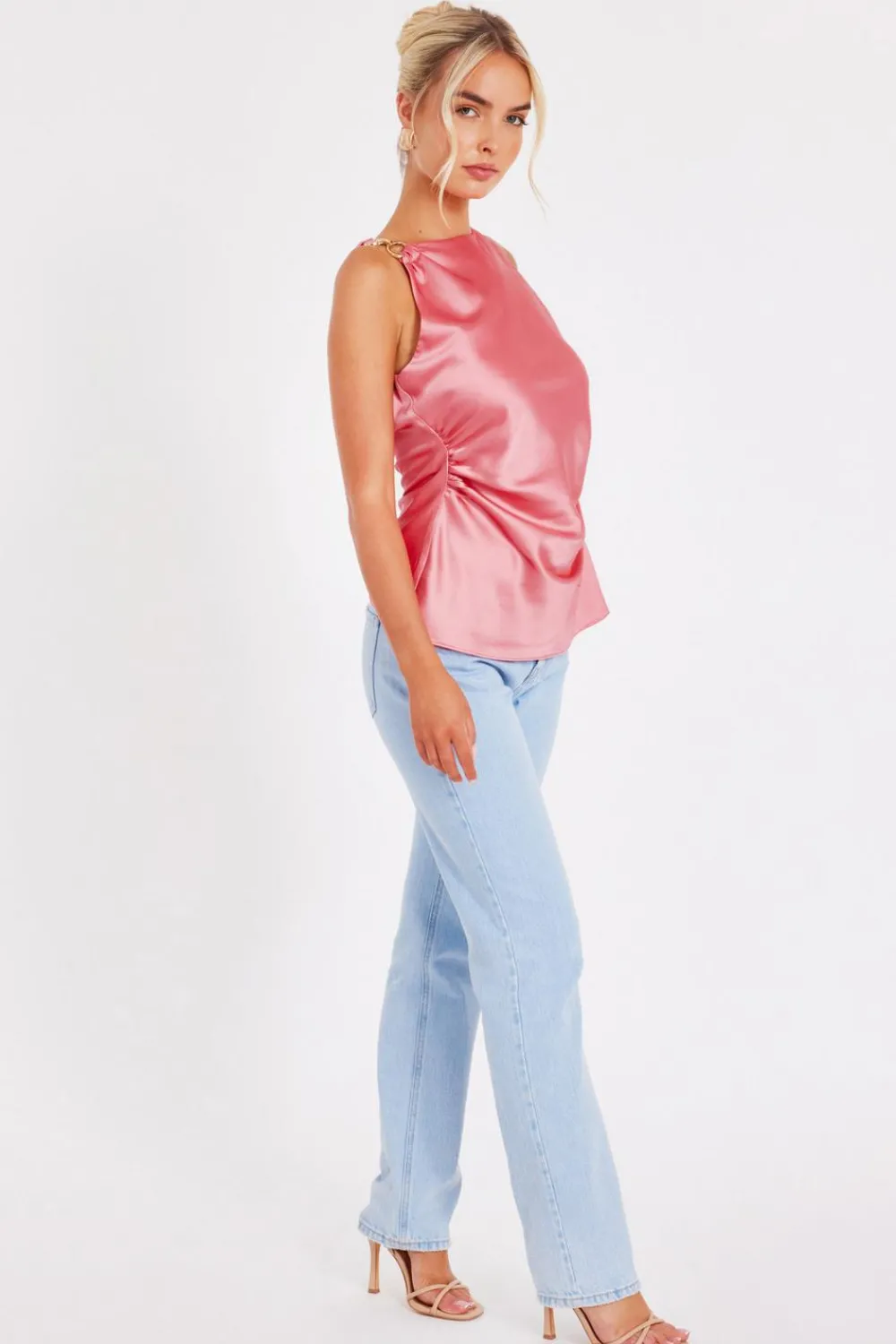 Quiz Summer Tops|Going Out Tops>Coral Satin Buckle Top