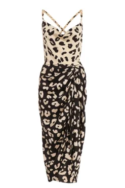 Quiz Midi Dresses|Going Out Dresses>Cream Animal Print Ruched Midi Dress