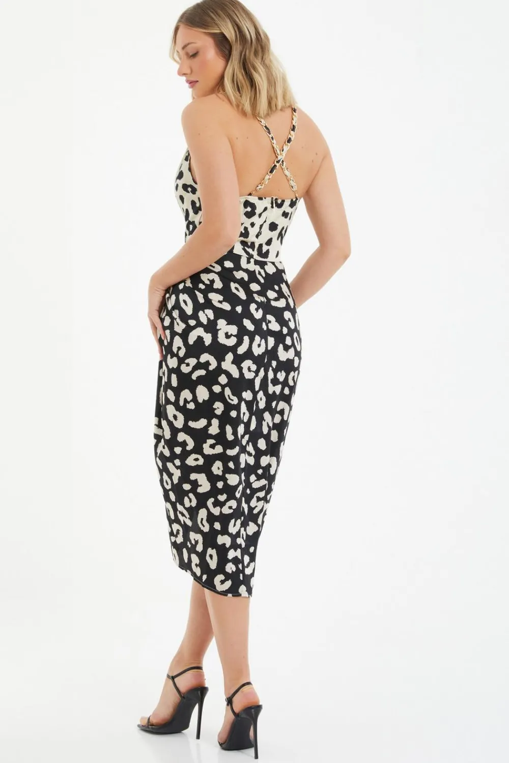 Quiz Midi Dresses|Going Out Dresses>Cream Animal Print Ruched Midi Dress