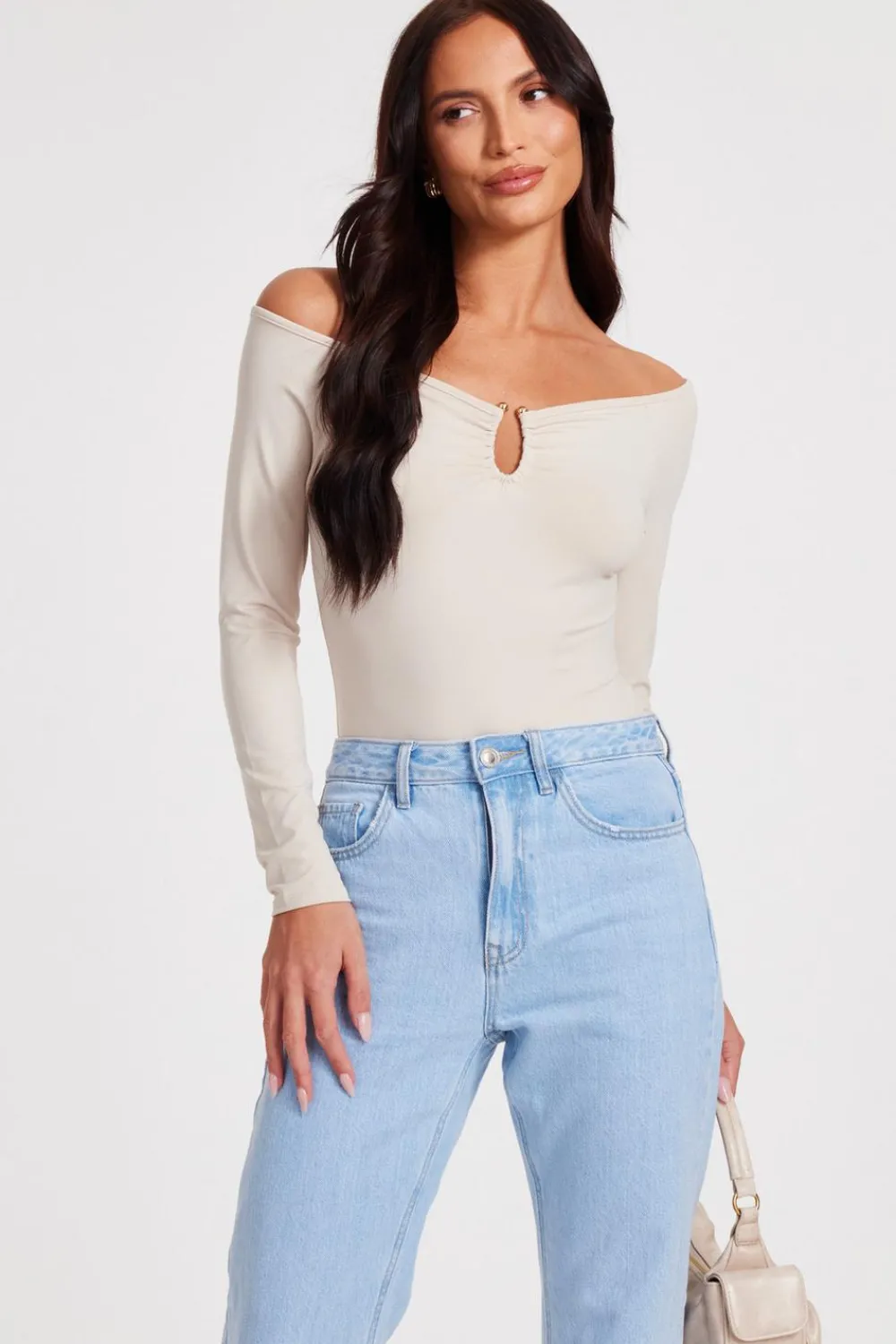 Quiz Day Tops|Bardot Tops>Cream Bardot Bodysuit