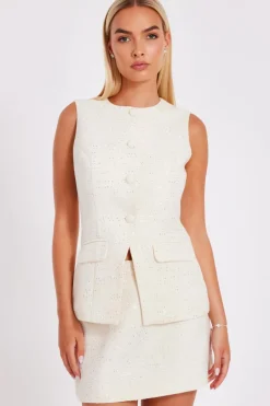 Quiz Waistcoat|Going Out Tops>Cream Boucle Sequin Waistcoat