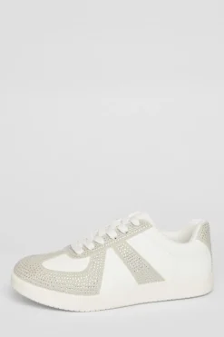 Quiz Trainers>Cream Faux Leather Diamante Trainers