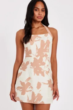 Quiz Summer Clothes|Holiday>Cream Floral Halter Neck Dress