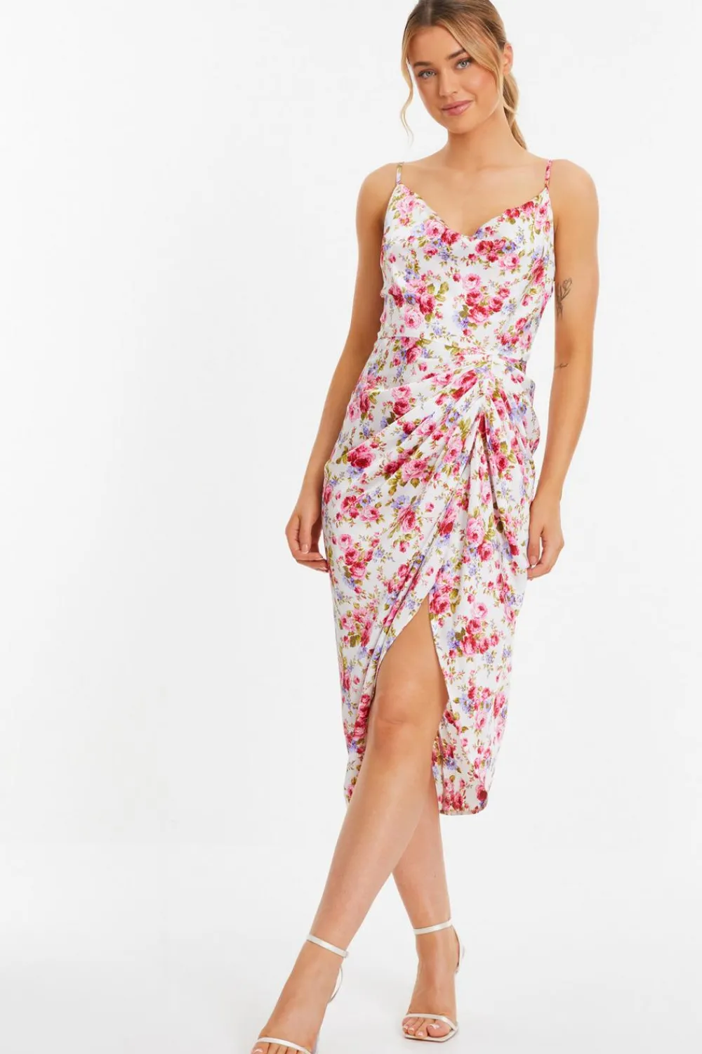 Quiz Midi Dresses|Floral Dresses>Cream Floral Satin Ruched Midi Dress