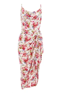 Quiz Midi Dresses|Floral Dresses>Cream Floral Satin Ruched Midi Dress