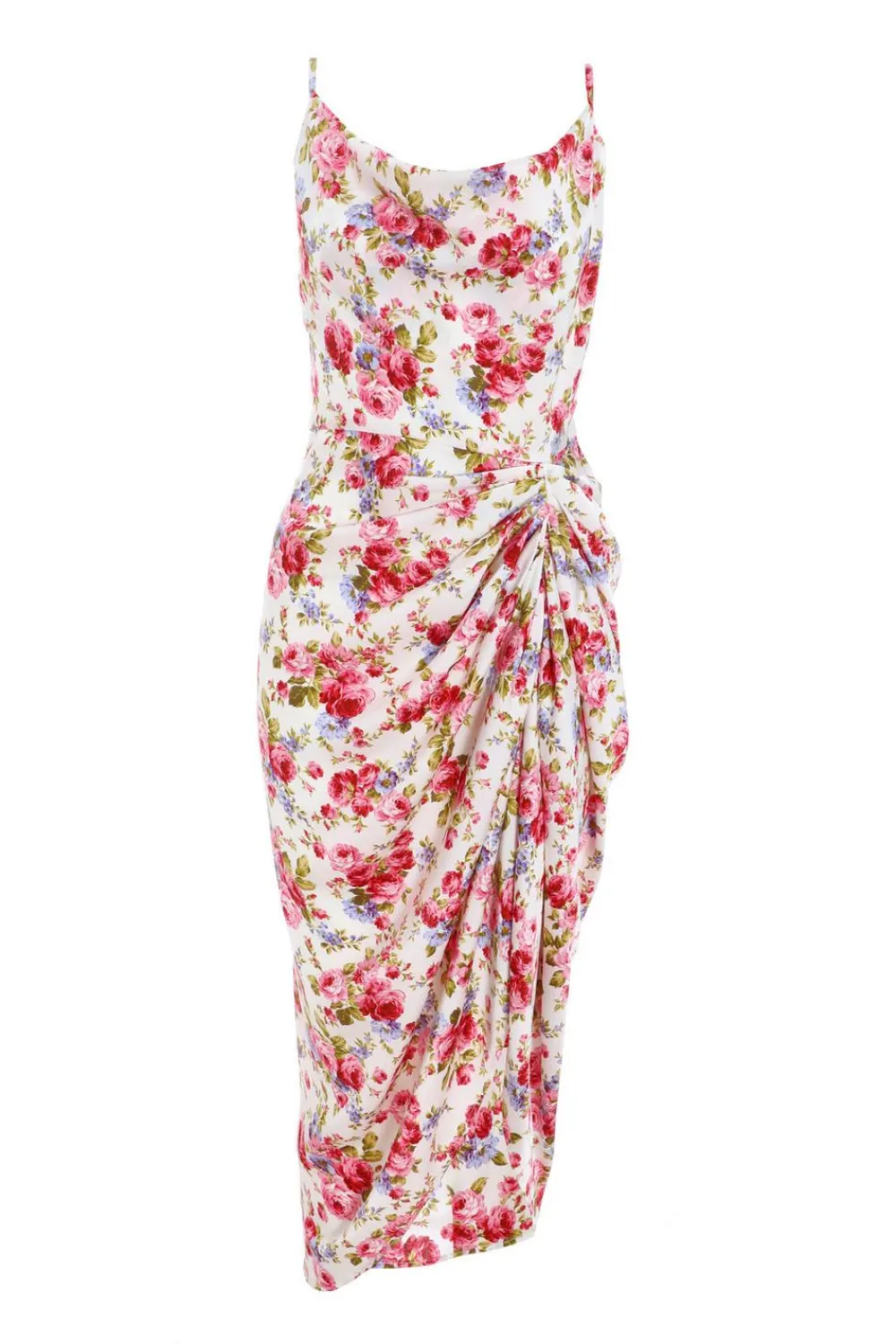 Quiz Midi Dresses|Floral Dresses>Cream Floral Satin Ruched Midi Dress