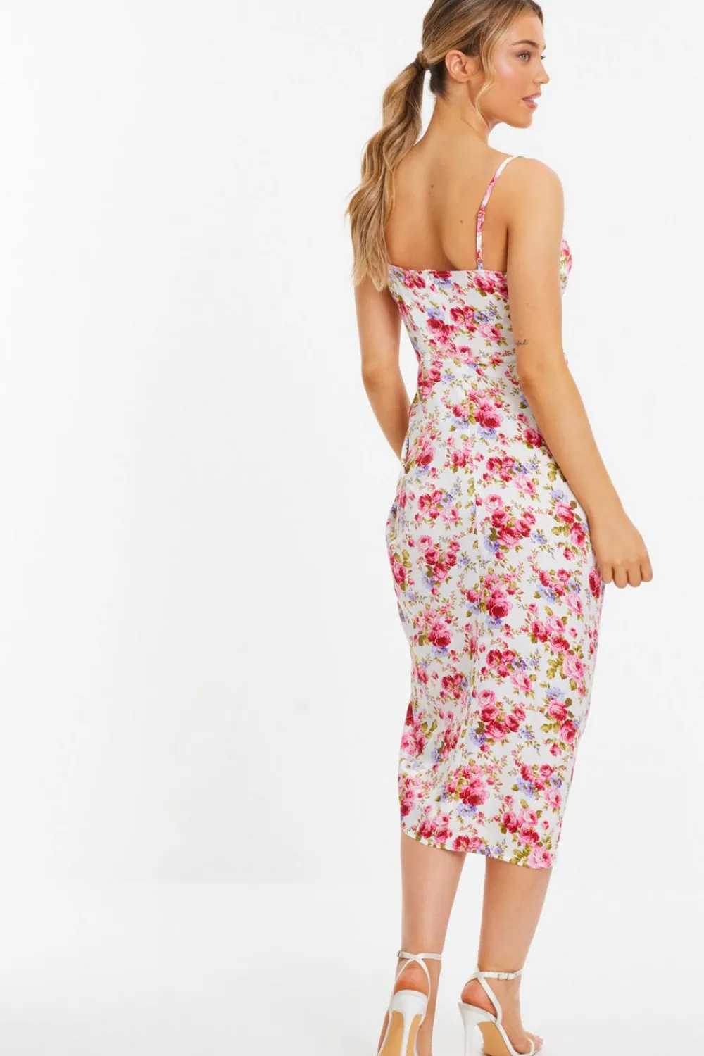 Quiz Midi Dresses|Floral Dresses>Cream Floral Satin Ruched Midi Dress