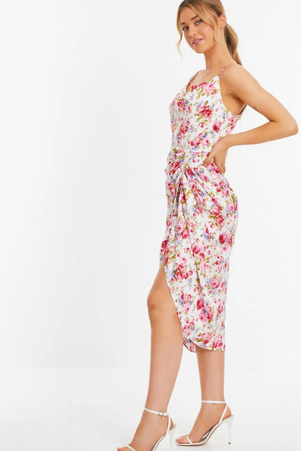 Quiz Midi Dresses|Floral Dresses>Cream Floral Satin Ruched Midi Dress