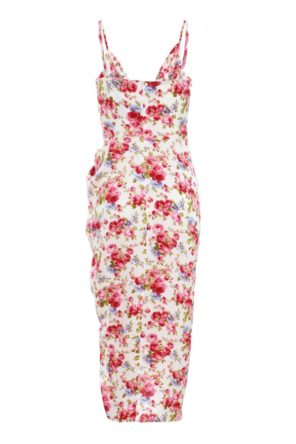 Quiz Midi Dresses|Floral Dresses>Cream Floral Satin Ruched Midi Dress