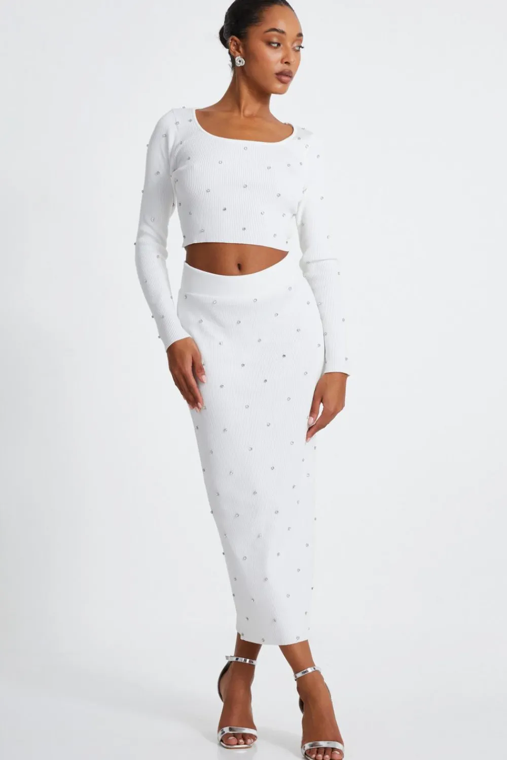 Quiz Skirts|Knitwear>Cream Knit Diamante Midi Skirt