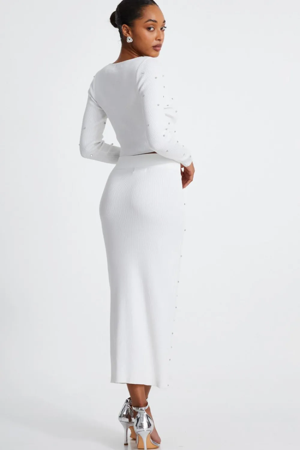 Quiz Skirts|Knitwear>Cream Knit Diamante Midi Skirt